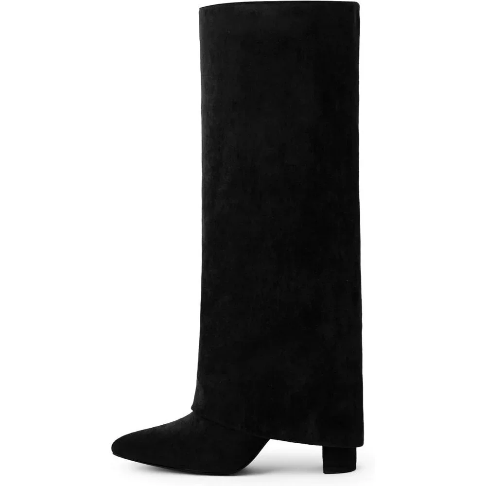 Women Black Suede Faux Leather Fold Over Knee High Chunky High Heels Boot